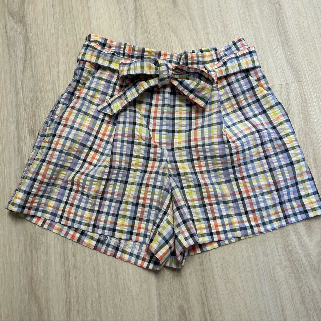 Loft Plaid Belted Paper Bag Shorts High Rise Womens Xs New Pleated Seersucker.